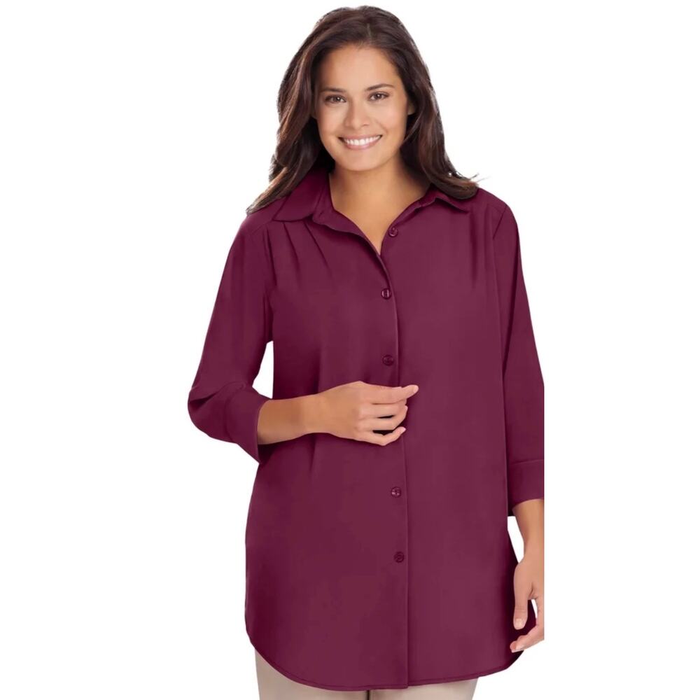 Woman Within Burgandy 3/4 Sleeve Button Front Shirt Collared Tunic 3X 30-32 - Picture 3 of 7